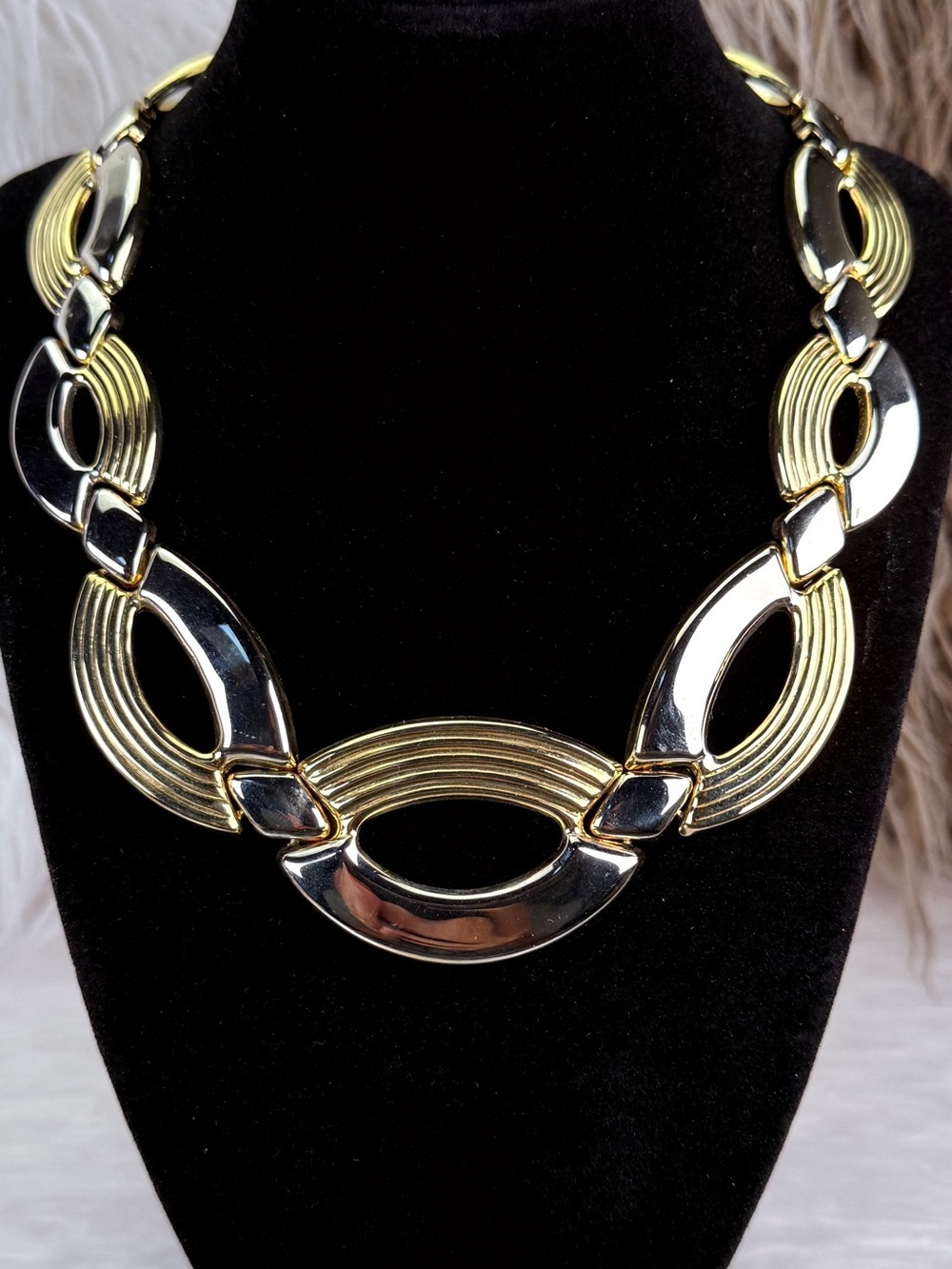 Vintage Two Tone Gold Silver Geometric Link Statement Necklace